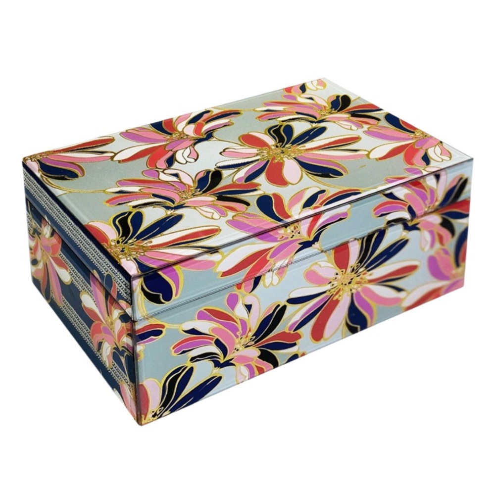 BRAND NEW Trina Turk Floral Jewelry Organizer Glass Blue, Pink, Gold
